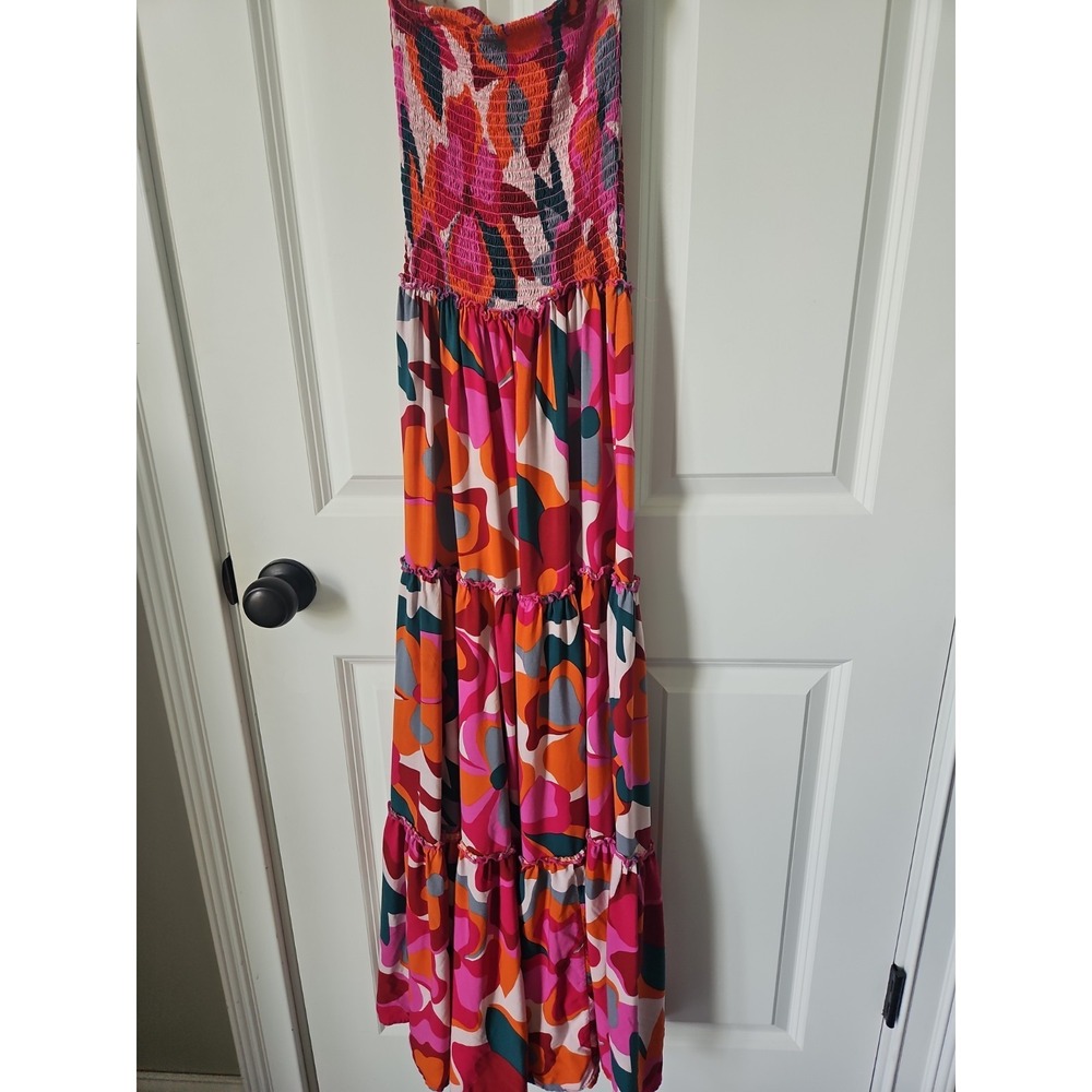 Abel The Label‎ Strapless Smocked Maxi Dress XS Pink Orange Abstract Tiered Boho